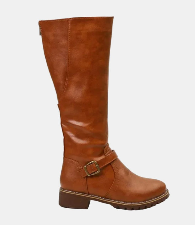 Women's Knee High Low Heel Buckle Strap Tall Riding Boots