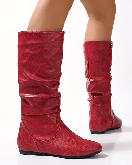 Women's Knee High Round Toe Boots with Slouchy Flat Heel
