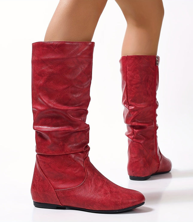 Women's Knee High Round Toe Boots with Slouchy Flat Heel