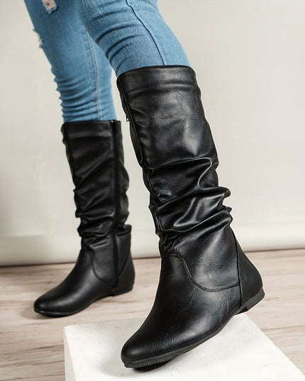 Women's Knee High Round Toe Boots with Slouchy Flat Heel