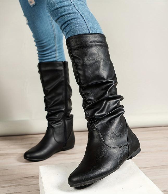 Women's Knee High Round Toe Boots with Slouchy Flat Heel