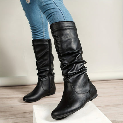 Women's Knee High Round Toe Boots with Slouchy Flat Heel