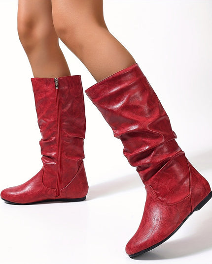 Women's Knee High Round Toe Boots with Slouchy Flat Heel