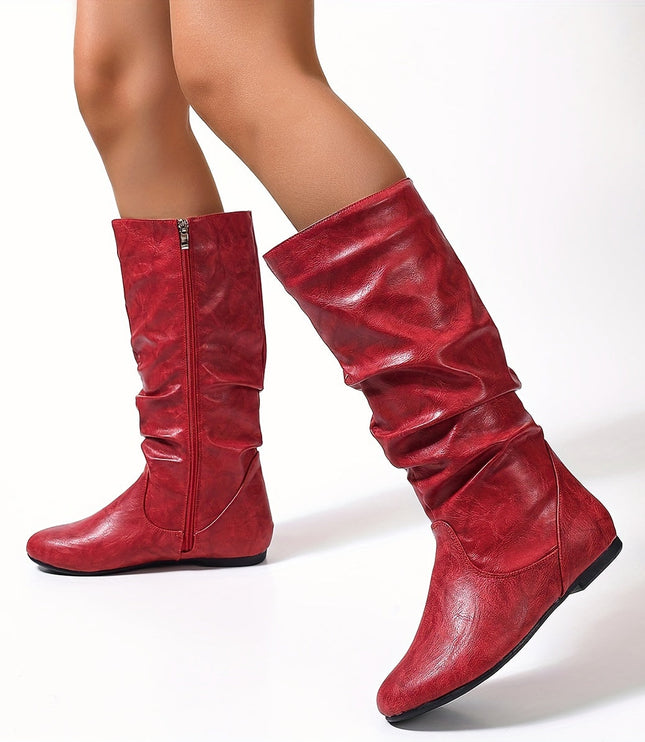 Women's Knee High Round Toe Boots with Slouchy Flat Heel