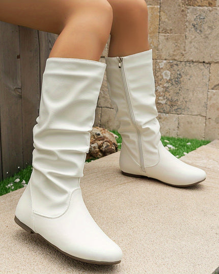 Women's Knee High Round Toe Boots with Slouchy Flat Heel