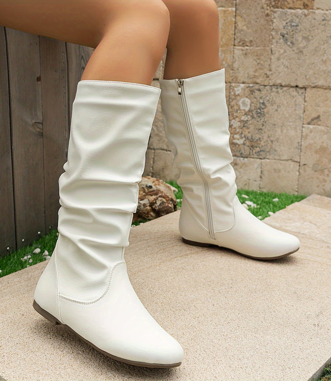 Women's Knee High Round Toe Boots with Slouchy Flat Heel