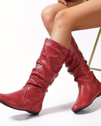 Women's Knee High Round Toe Boots with Slouchy Flat Heel