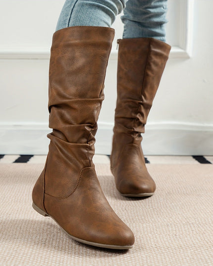 Women's Knee High Round Toe Boots with Slouchy Flat Heel