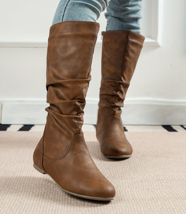Women's Knee High Round Toe Boots with Slouchy Flat Heel