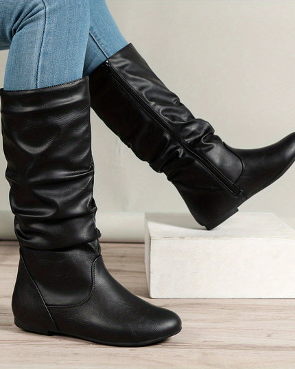 Women's Knee High Round Toe Boots with Slouchy Flat Heel