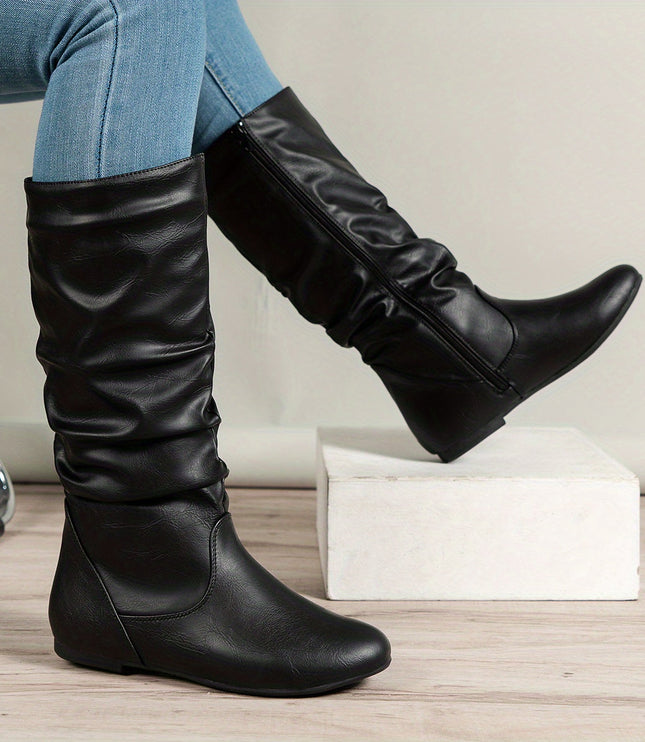 Women's Knee High Round Toe Boots with Slouchy Flat Heel