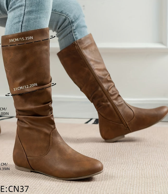 Women's Knee High Round Toe Boots with Slouchy Flat Heel