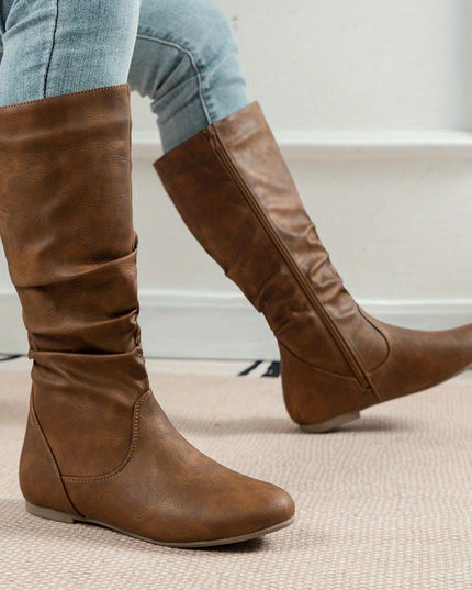Women's Knee High Round Toe Boots with Slouchy Flat Heel