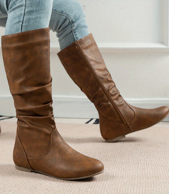 Women's Knee High Round Toe Boots with Slouchy Flat Heel