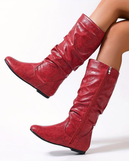 Women's Knee High Round Toe Boots with Slouchy Flat Heel