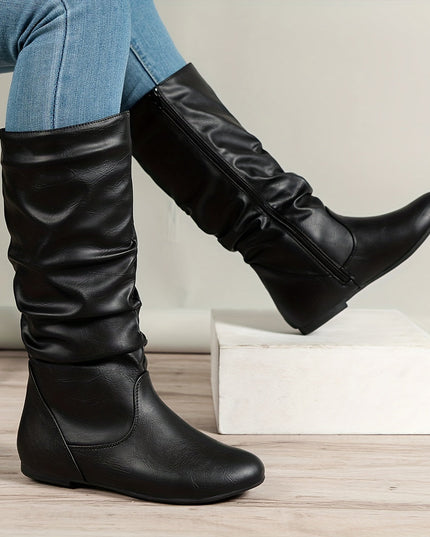 Women's Knee High Round Toe Boots with Slouchy Flat Heel