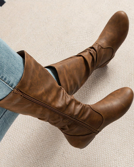 Women's Knee High Round Toe Boots with Slouchy Flat Heel