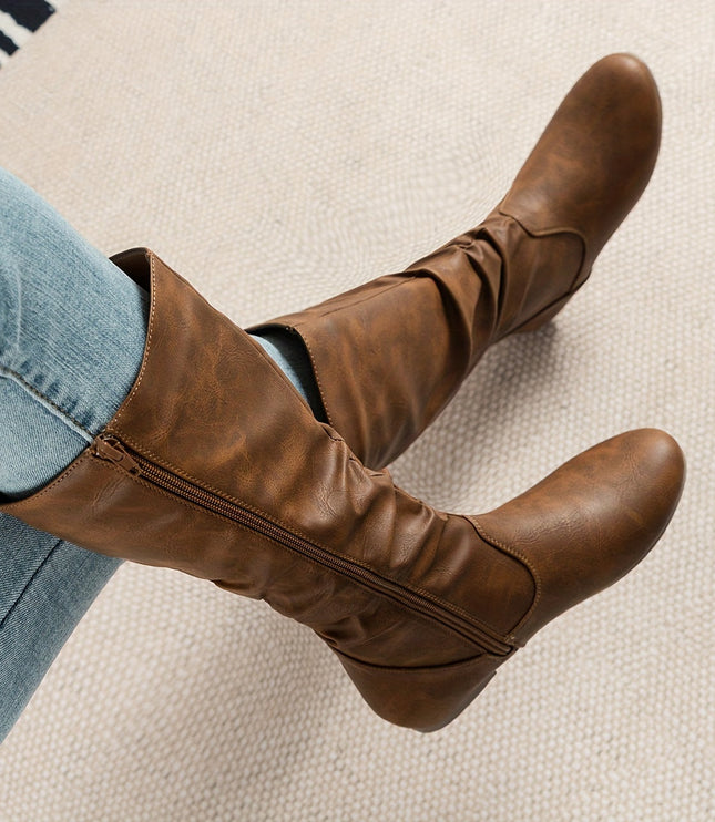Women's Knee High Round Toe Boots with Slouchy Flat Heel