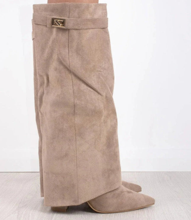 Women's Knee High Suede Boots with Pointed Toe Block Heel