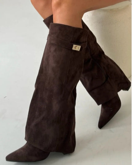 Women's Knee High Suede Boots with Pointed Toe Block Heel