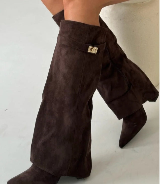 Women's Knee High Suede Boots with Pointed Toe Block Heel