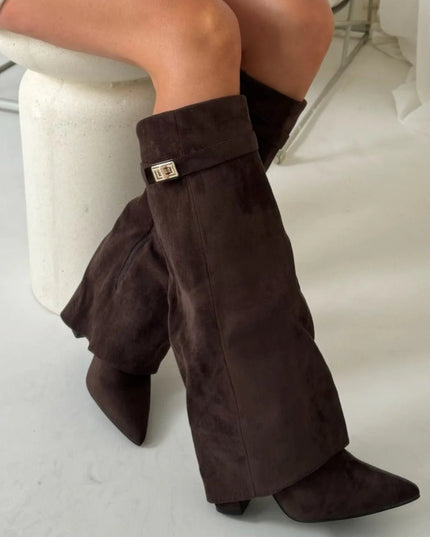 Women's Knee High Suede Boots with Pointed Toe Block Heel