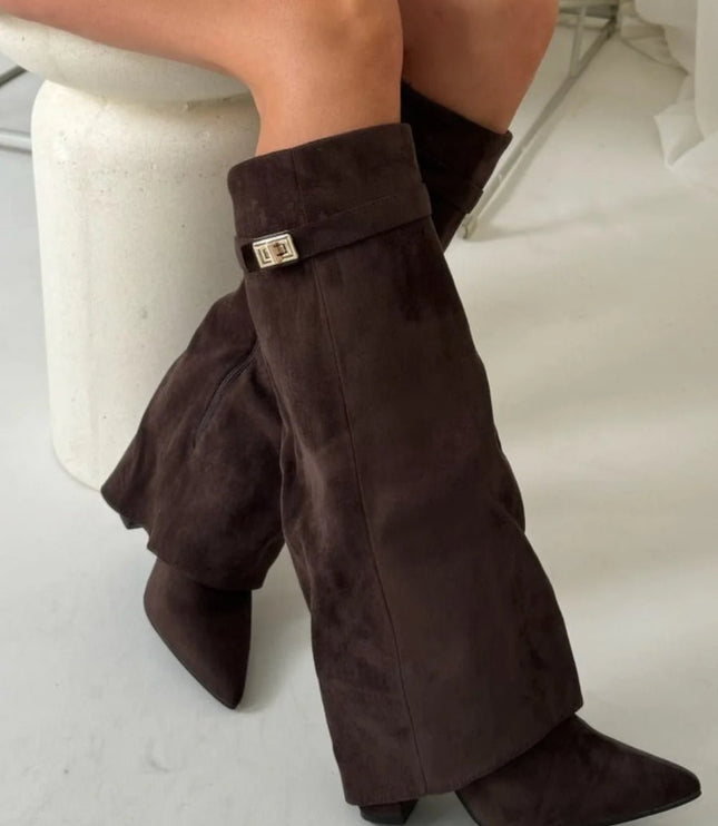 Women's Knee High Suede Boots with Pointed Toe Block Heel
