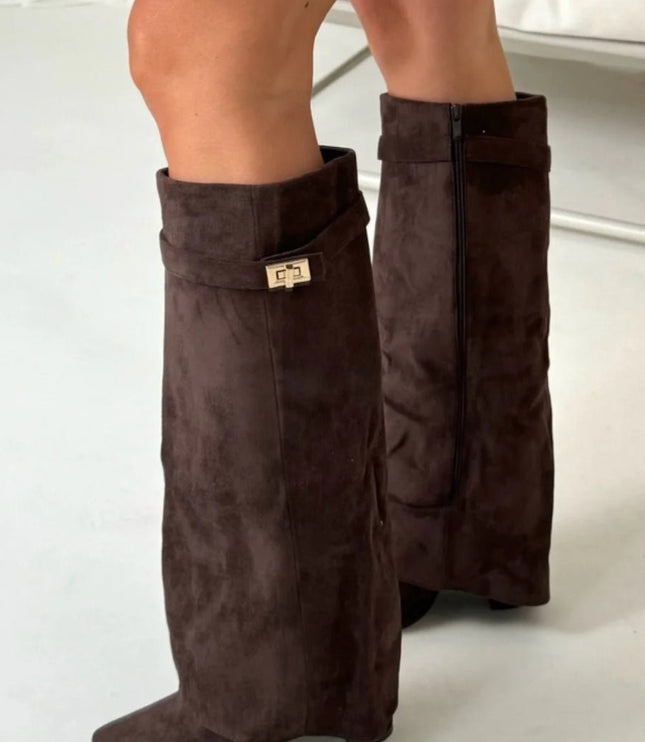 Women's Knee High Suede Boots with Pointed Toe Block Heel