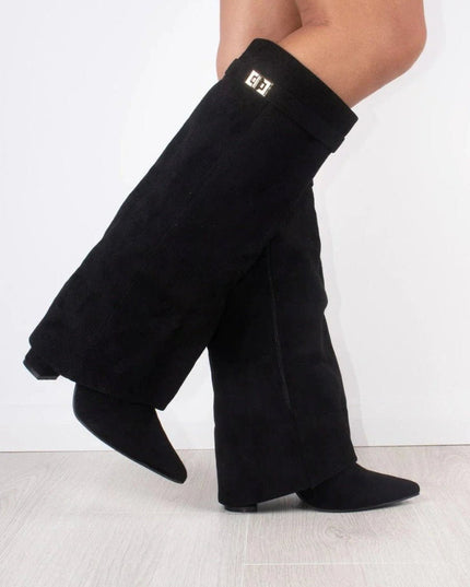 Women's Knee High Suede Boots with Pointed Toe Block Heel