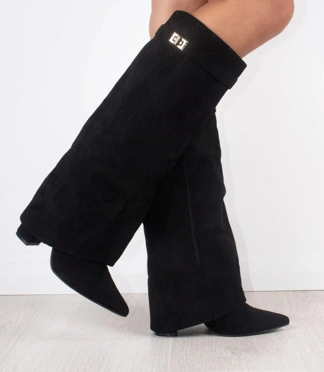 Women's Knee High Suede Boots with Pointed Toe Block Heel
