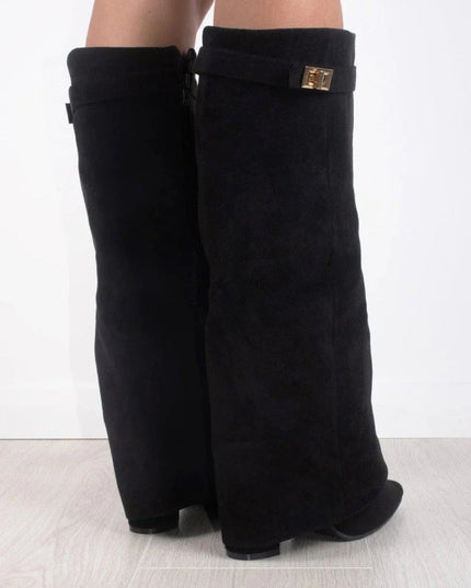 Women's Knee High Suede Boots with Pointed Toe Block Heel