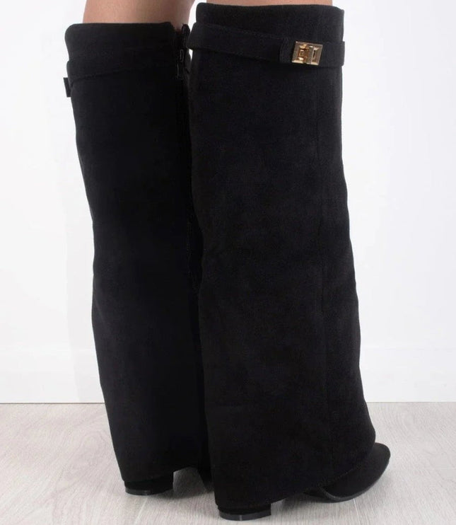 Women's Knee High Suede Boots with Pointed Toe Block Heel