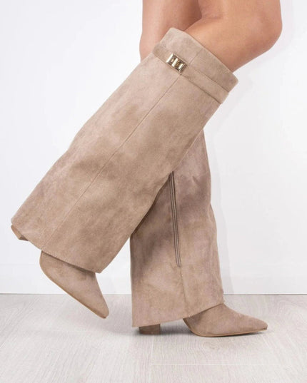 Women's Knee High Suede Boots with Pointed Toe Block Heel