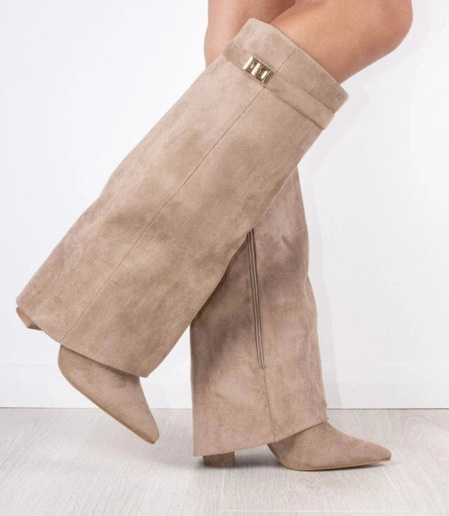 Women's Knee High Suede Boots with Pointed Toe Block Heel