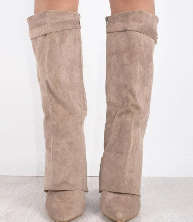 Women's Knee High Suede Boots with Pointed Toe Block Heel