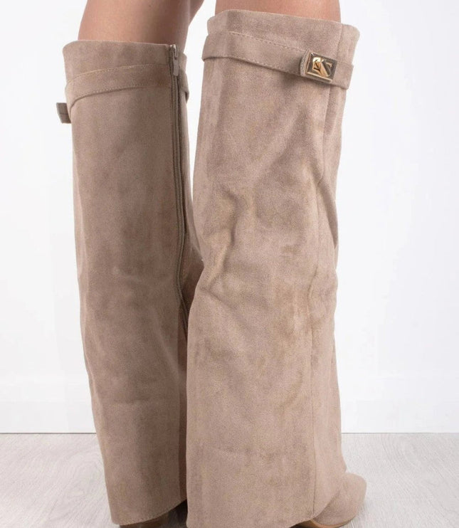 Women's Knee High Suede Boots with Pointed Toe Block Heel