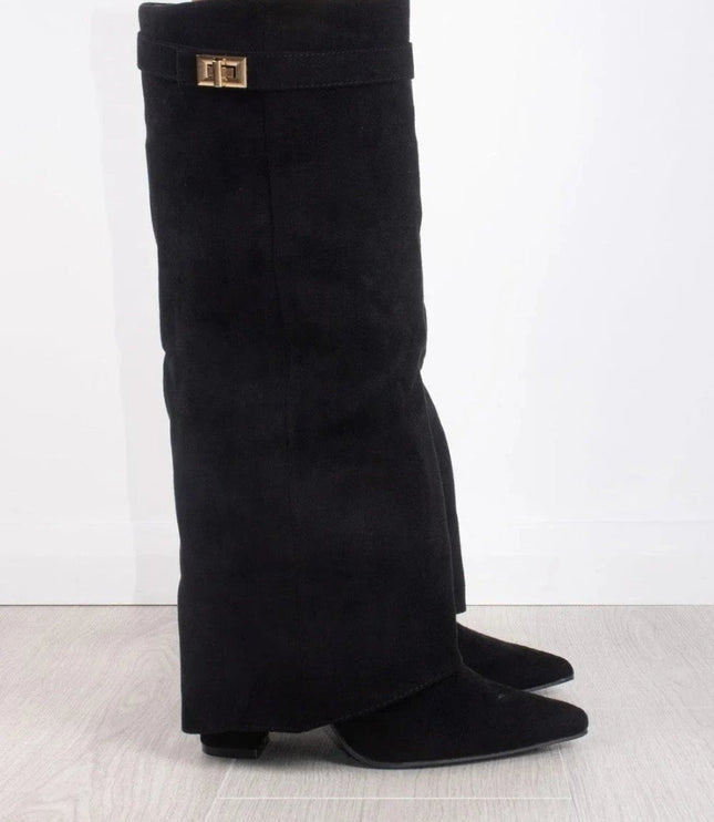 Women's Knee High Suede Boots with Pointed Toe Block Heel