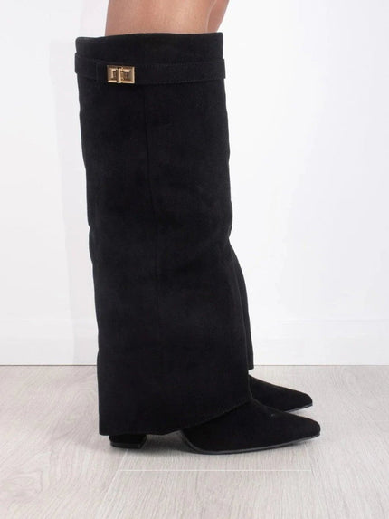 Women's Knee High Suede Boots with Pointed Toe Block Heel