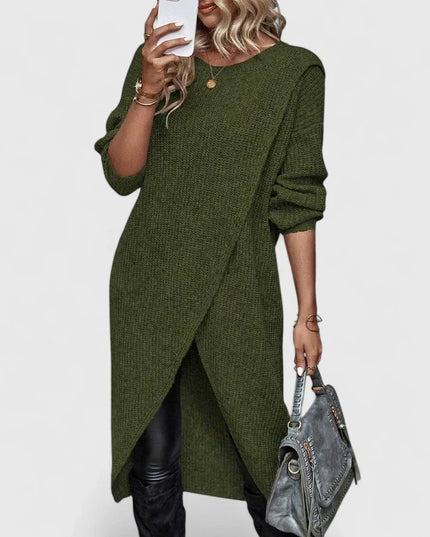 Women's Knit Sweater Dress with Oversized Asymmetric Wrap Hem