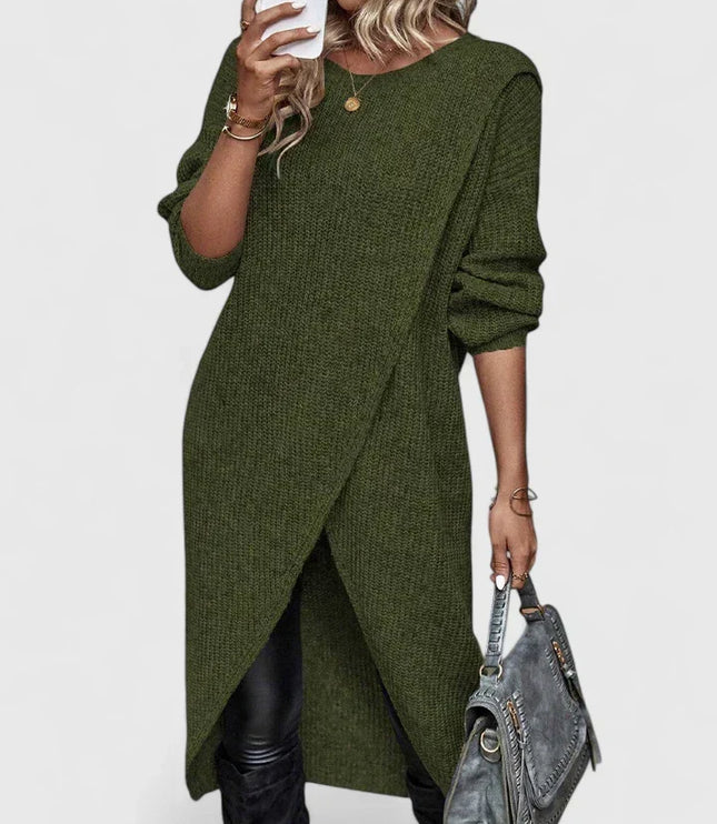 Women's Knit Sweater Dress with Oversized Asymmetric Wrap Hem