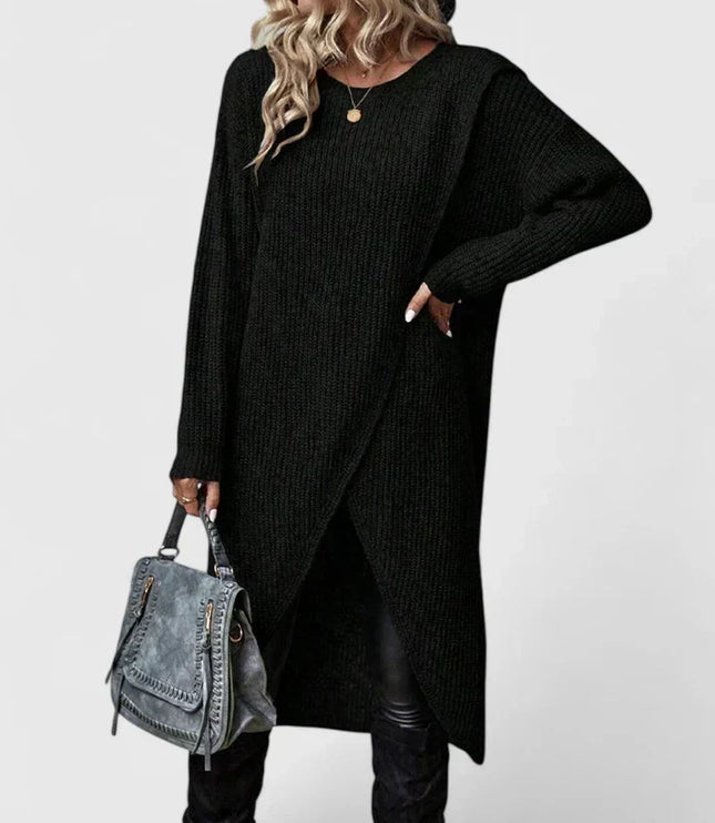 Women's Knit Sweater Dress with Oversized Asymmetric Wrap Hem