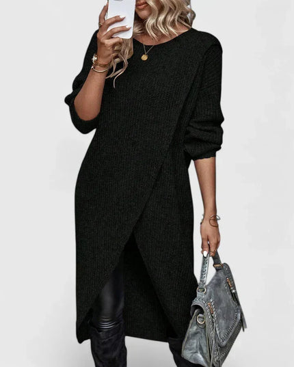 Women's Knit Sweater Dress with Oversized Asymmetric Wrap Hem