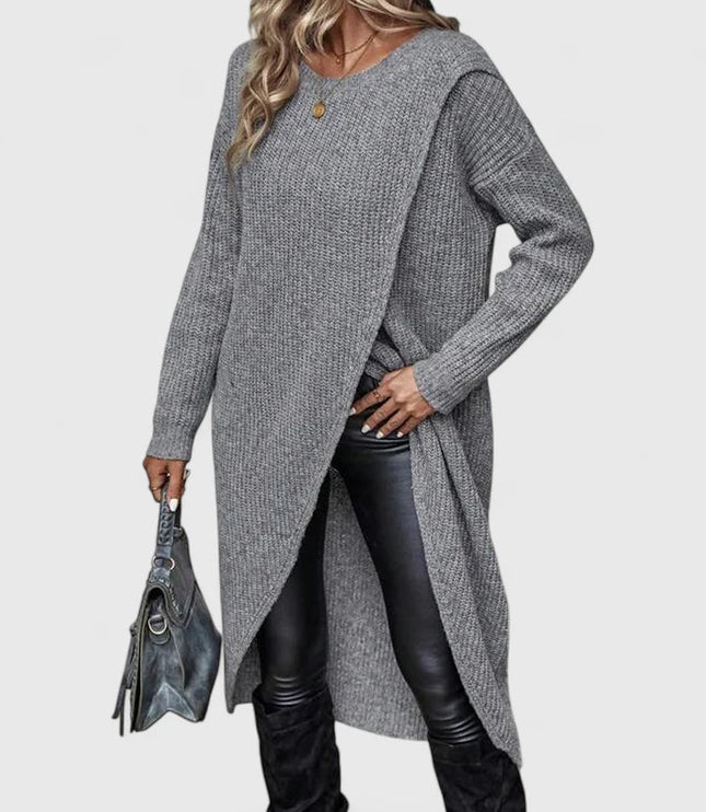 Women's Knit Sweater Dress with Oversized Asymmetric Wrap Hem