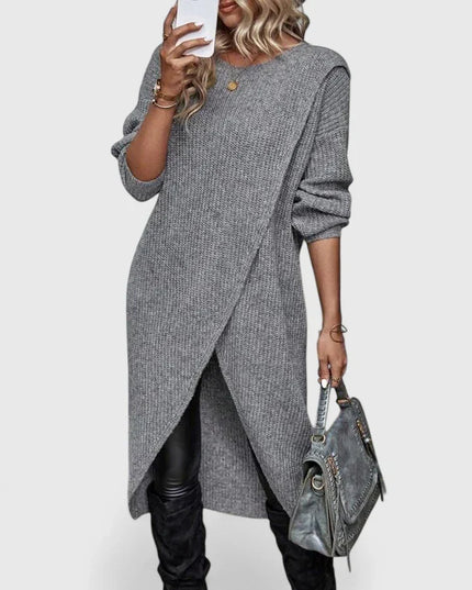 Women's Knit Sweater Dress with Oversized Asymmetric Wrap Hem