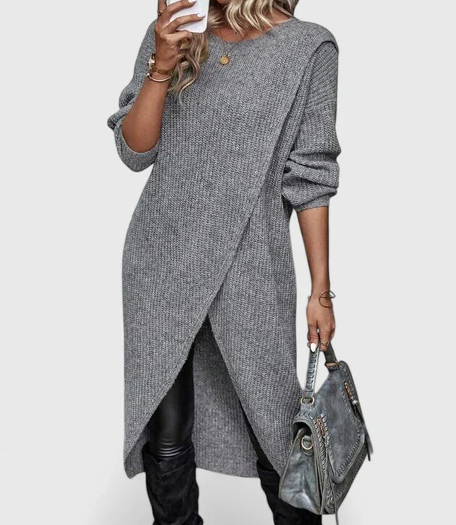 Women's Knit Sweater Dress with Oversized Asymmetric Wrap Hem