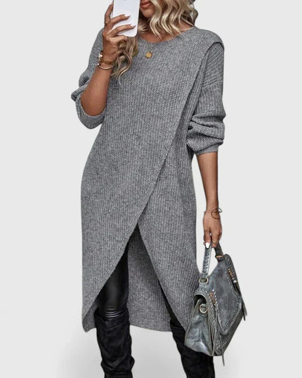 Women's Knit Sweater Dress with Oversized Asymmetric Wrap Hem