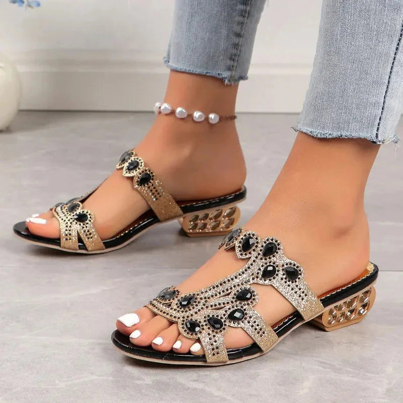 Tan and black embellished strappy sandal with black onyx stones and low studded heel
