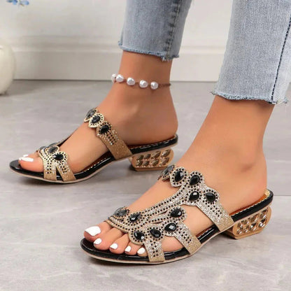 Tan and black embellished strappy sandal with black onyx stones and low studded heel
