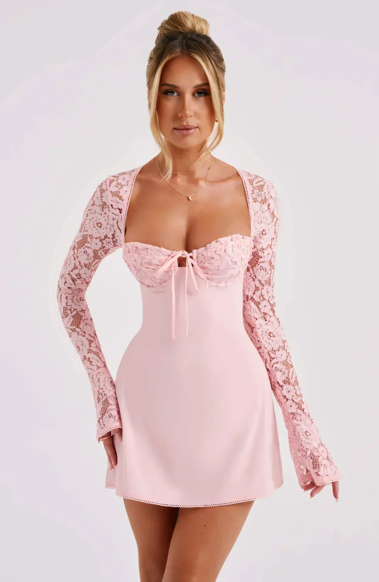 Women's Lace Long Sleeve Mini Wedding Guest Dress
