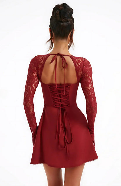 Women's Lace Square Neck Long Sleeve Mini Dress
